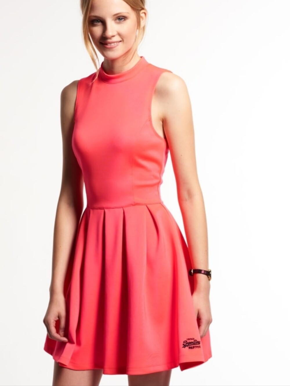 Superdry Pink Sleeveless Mock Neck Pleated Fit & Flare Mini Dress Womens M